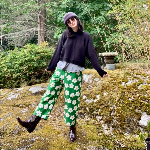 NWT Mia Layzell Kelly green daisy cotton canvas wide leg trousers - Picture 1 of 2